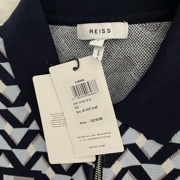 Reiss Egon Geometric Zip Neck Polo Shirt, Blue - Picture 6 of 6